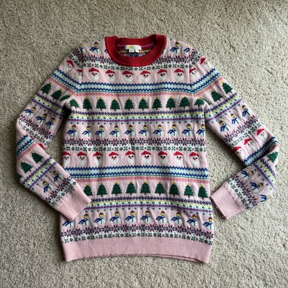 Boden Pink Fair Isle Santa Tree Skiers Women’s Holiday Sweater Size Medium, EUC - Picture 3 of 11